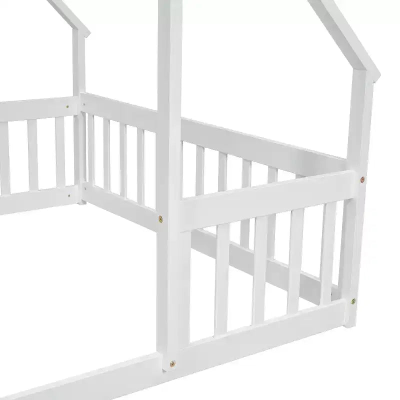Full Wood House-shaped Floor Bed with Fence, Guardrails White