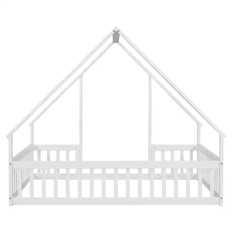 Full Wood House-shaped Floor Bed with Fence, Guardrails White