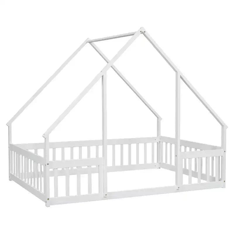 Full Wood House-shaped Floor Bed with Fence, Guardrails White
