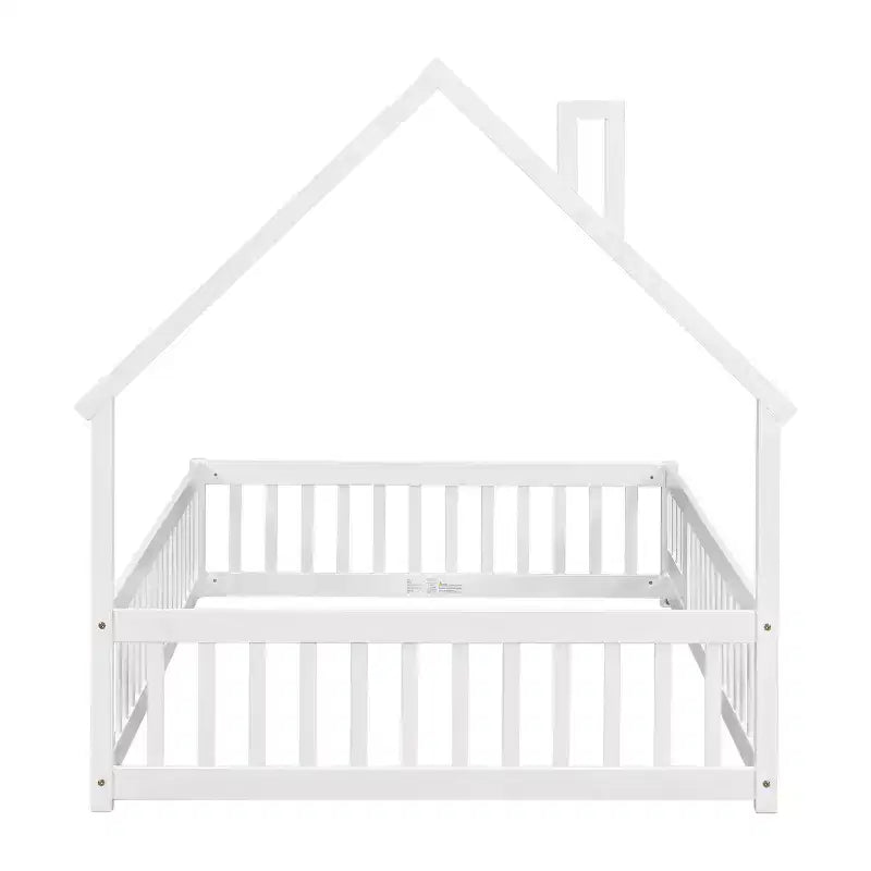 Full House-shaped Headboard Floor Bed with Fence White
