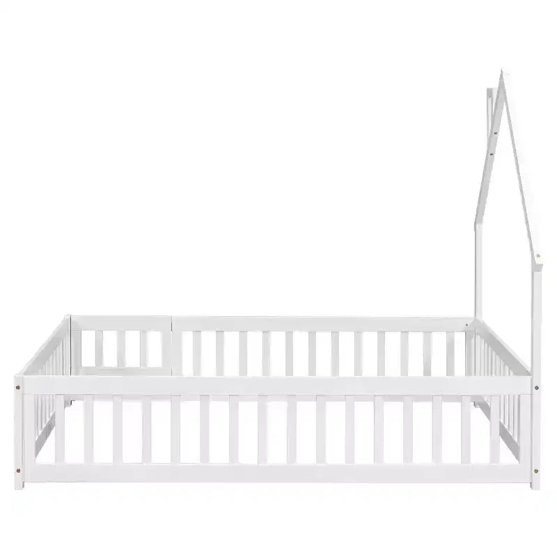 Full House-shaped Headboard Floor Bed with Fence White
