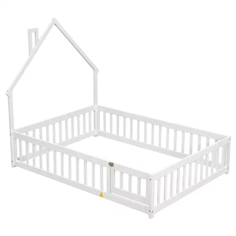 Full House-shaped Headboard Floor Bed with Fence White