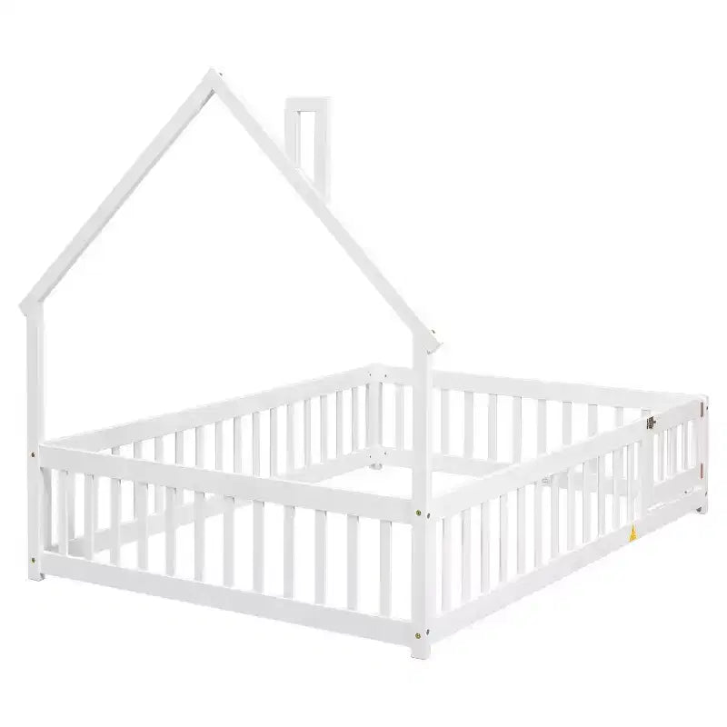 Full House-shaped Headboard Floor Bed with Fence White