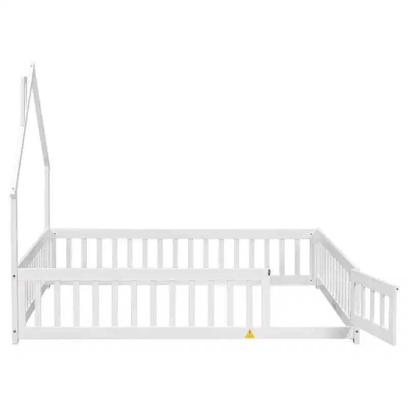 Full House-shaped Headboard Floor Bed with Fence White