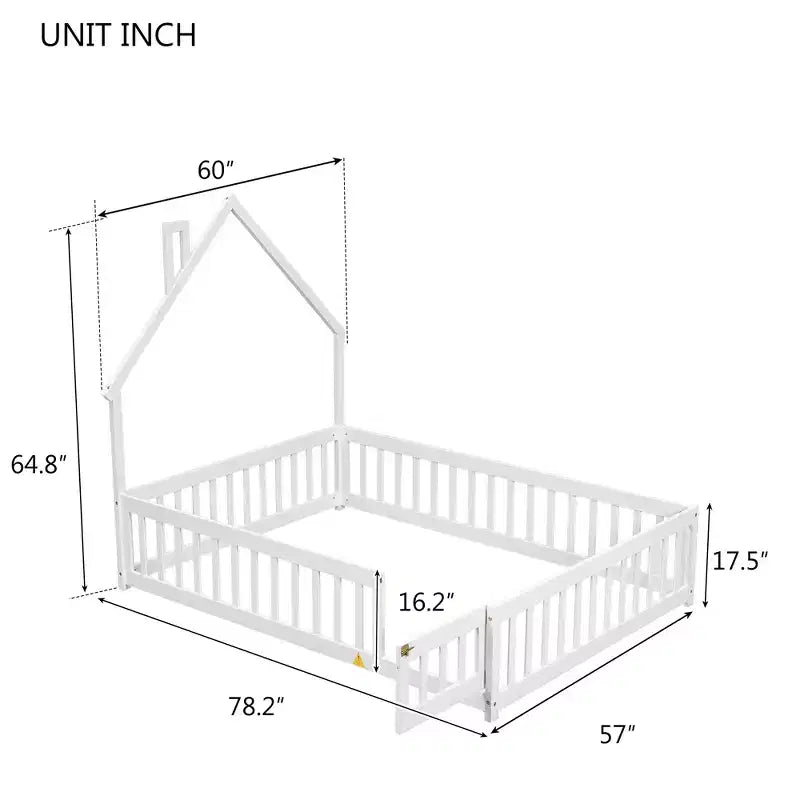 Full House-shaped Headboard Floor Bed with Fence White
