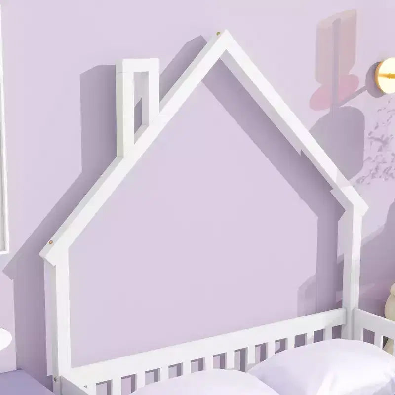 Full House-shaped Headboard Floor Bed with Fence White