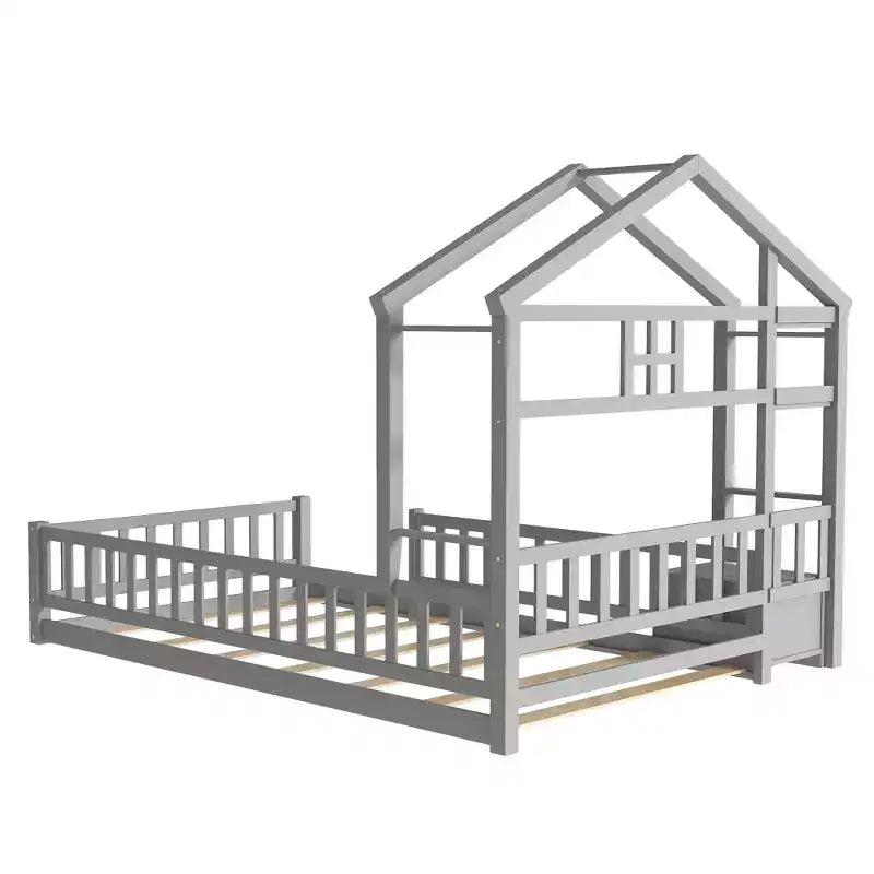 House Shape Headboard Floor Bed with Guardrails Gray