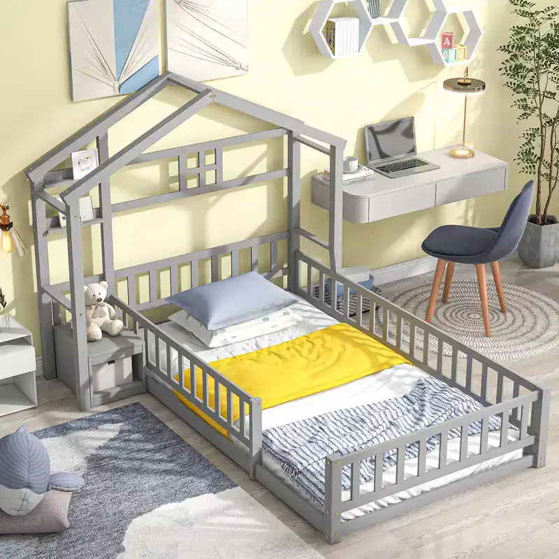 House Shape Headboard Floor Bed with Guardrails Gray