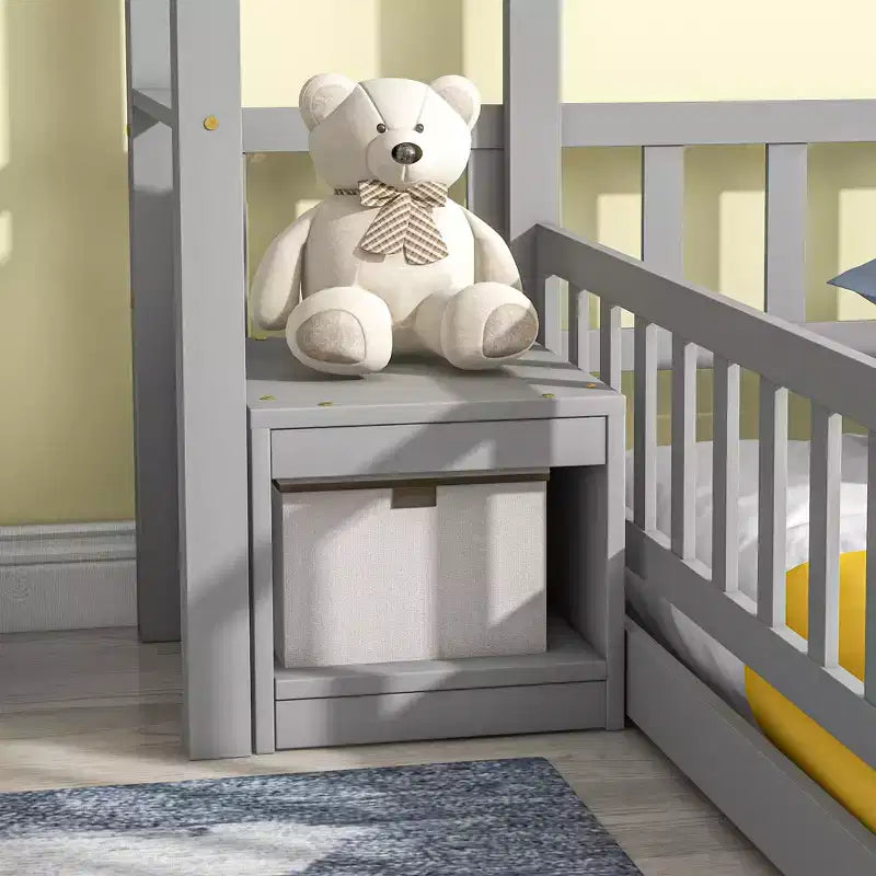 House Shape Headboard Floor Bed with Guardrails Gray