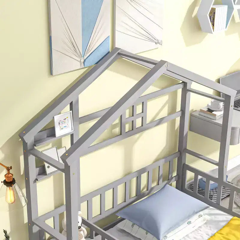 House Shape Headboard Floor Bed with Guardrails Gray