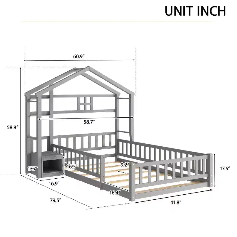 House Shape Headboard Floor Bed with Guardrails Gray