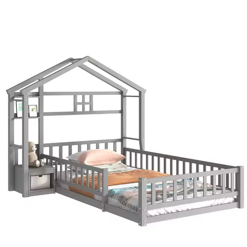 House Shape Headboard Floor Bed with Guardrails Gray