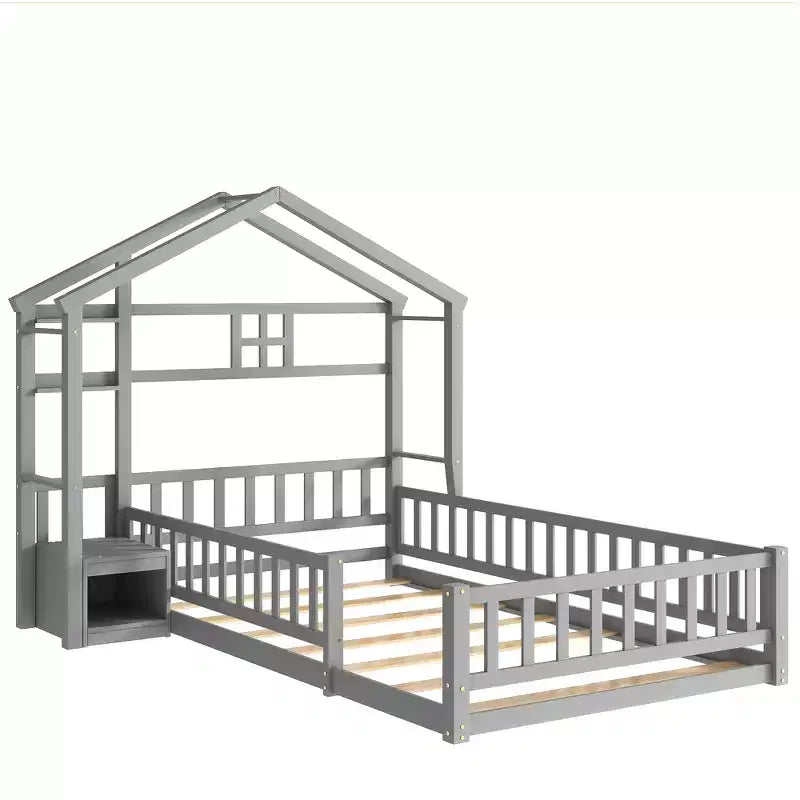 House Shape Headboard Floor Bed with Guardrails Gray