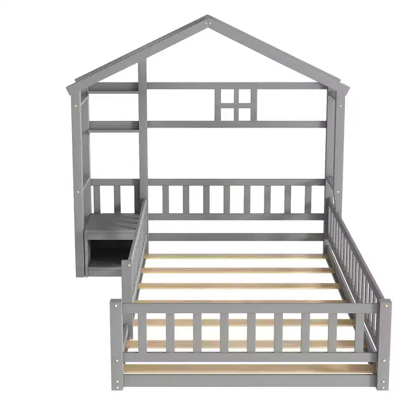 House Shape Headboard Floor Bed with Guardrails Gray