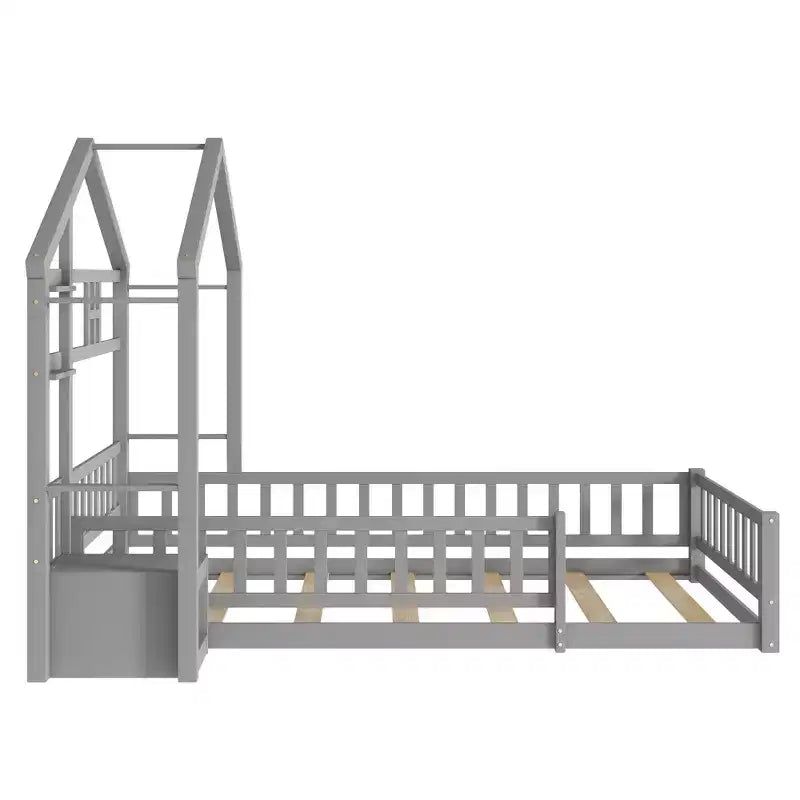 House Shape Headboard Floor Bed with Guardrails Gray