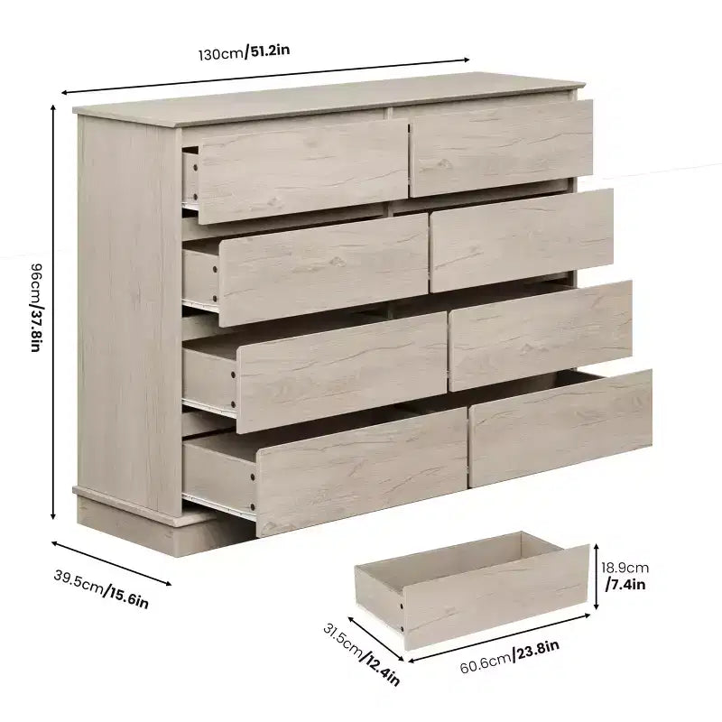 Cassettiera a 8 cassetti per camera da letto, con cassetti profondi e ampio piano superiore, grande e doppia, ideale per la cabina armadio, cassettiera orizzontale in legno per soggiorno