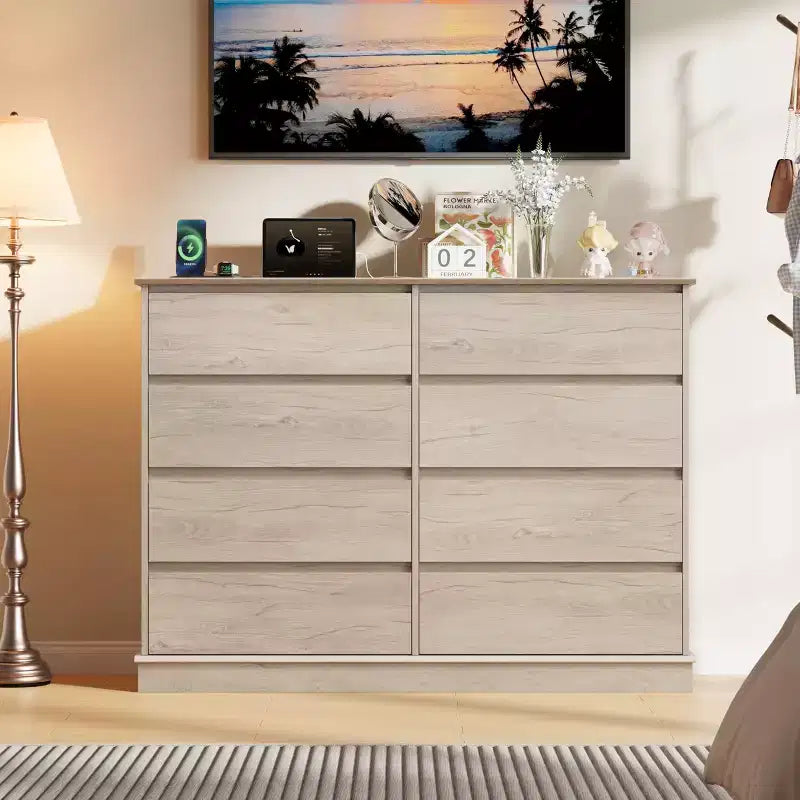 Cassettiera a 8 cassetti per camera da letto, con cassetti profondi e ampio piano superiore, grande e doppia, ideale per la cabina armadio, cassettiera orizzontale in legno per soggiorno