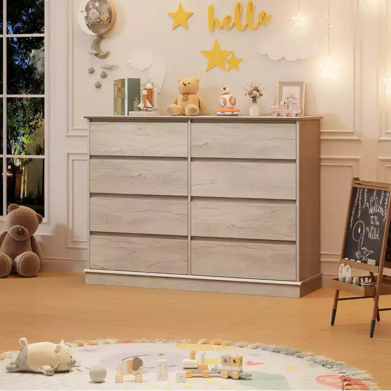 Cassettiera a 8 cassetti per camera da letto, con cassetti profondi e ampio piano superiore, grande e doppia, ideale per la cabina armadio, cassettiera orizzontale in legno per soggiorno