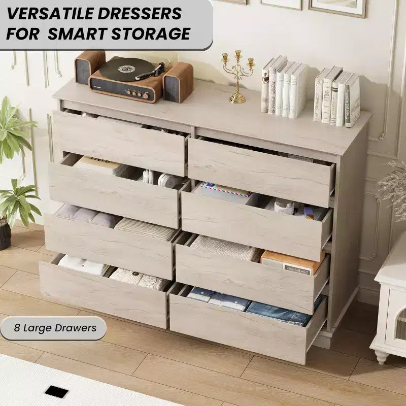 Cassettiera a 8 cassetti per camera da letto, con cassetti profondi e ampio piano superiore, grande e doppia, ideale per la cabina armadio, cassettiera orizzontale in legno per soggiorno