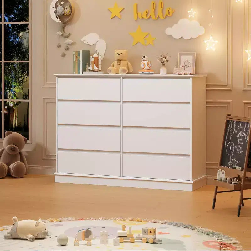 Cassettiera a 8 cassetti per camera da letto, con cassetti profondi e ampio piano superiore, grande e doppia, ideale per la cabina armadio, cassettiera orizzontale in legno per soggiorno