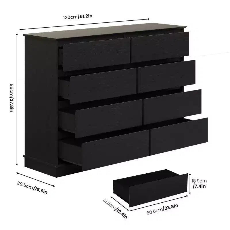 Cassettiera a 8 cassetti per camera da letto, con cassetti profondi e ampio piano superiore, grande e doppia, ideale per la cabina armadio, cassettiera orizzontale in legno per soggiorno