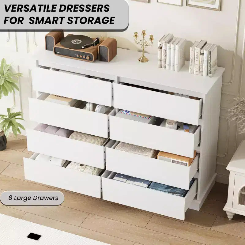 Cassettiera a 8 cassetti per camera da letto, con cassetti profondi e ampio piano superiore, grande e doppia, ideale per la cabina armadio, cassettiera orizzontale in legno per soggiorno