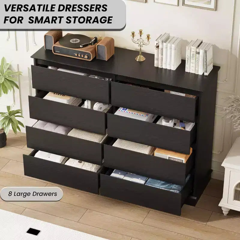 Cassettiera a 8 cassetti per camera da letto, con cassetti profondi e ampio piano superiore, grande e doppia, ideale per la cabina armadio, cassettiera orizzontale in legno per soggiorno