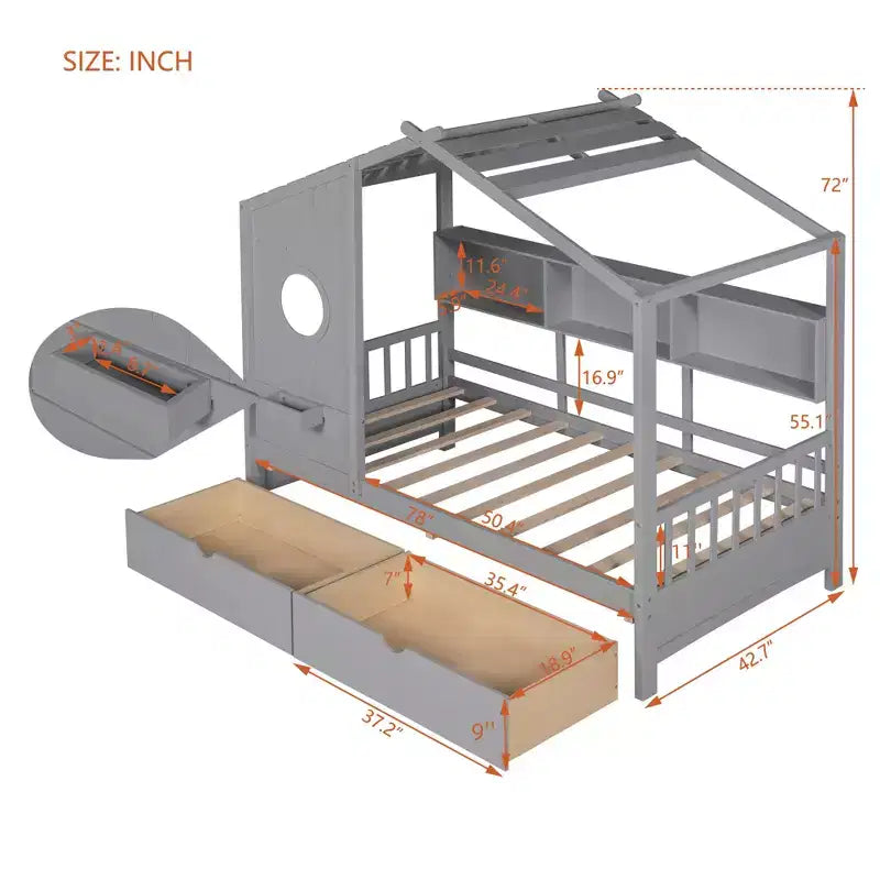 Letto a casetta con cassetti contenitori, struttura letto a casetta per bambini con ripiani, grazioso letto singolo in legno a casetta con tetto per bambini, bambine e bambini, grigio