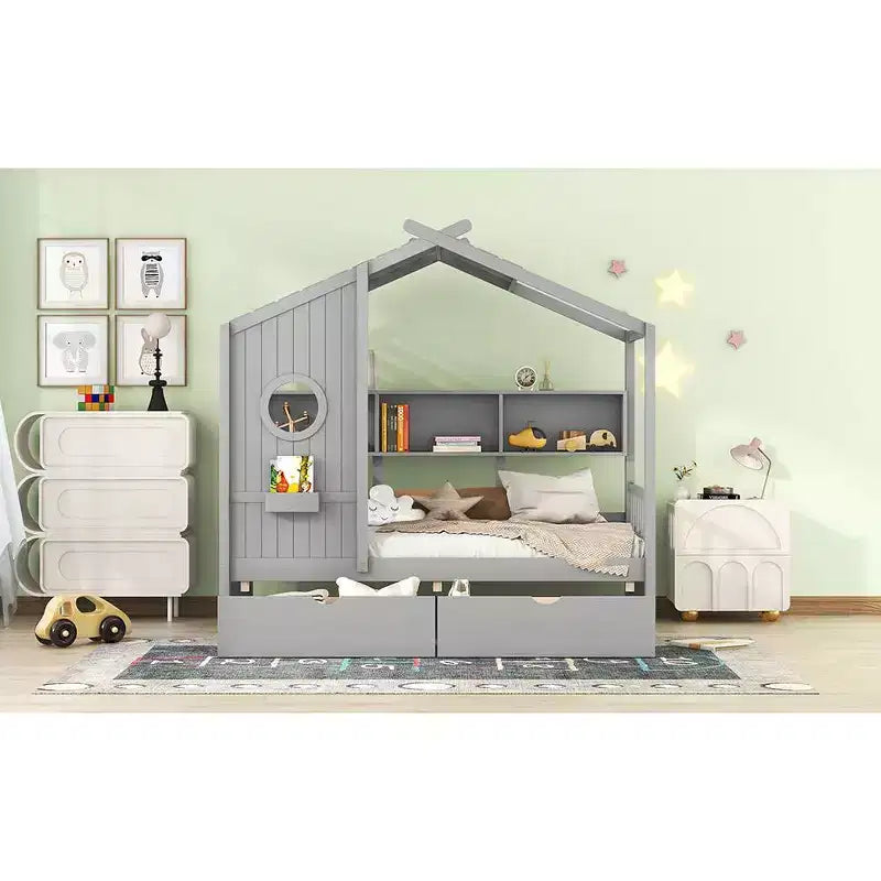 Letto a casetta con cassetti contenitori, struttura letto a casetta per bambini con ripiani, grazioso letto singolo in legno a casetta con tetto per bambini, bambine e bambini, grigio