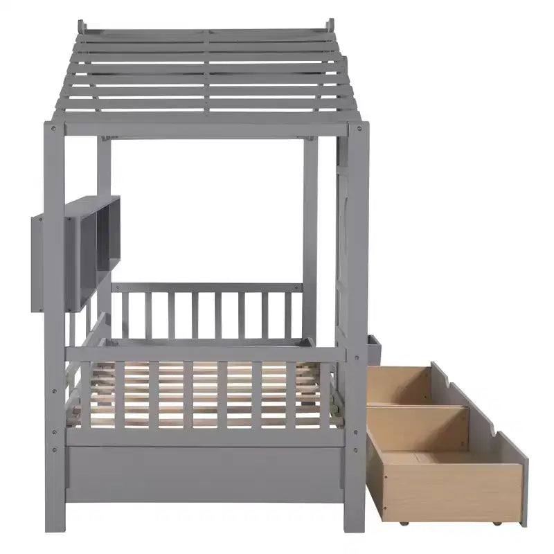 House Bed with Storage Drawers,Kids House Bed Frame with Shelves, Cute Wood House Bed Twin with Roof for Kids,Girls,Boys,Gray
