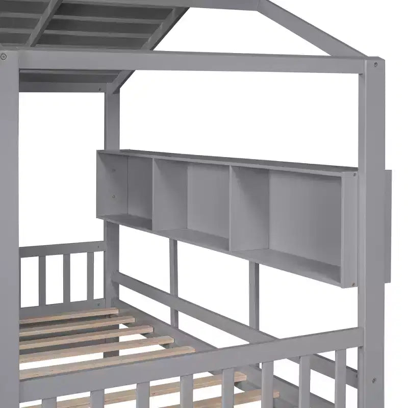 Letto a casetta con cassetti contenitori, struttura letto a casetta per bambini con ripiani, grazioso letto singolo in legno a casetta con tetto per bambini, bambine e bambini, grigio