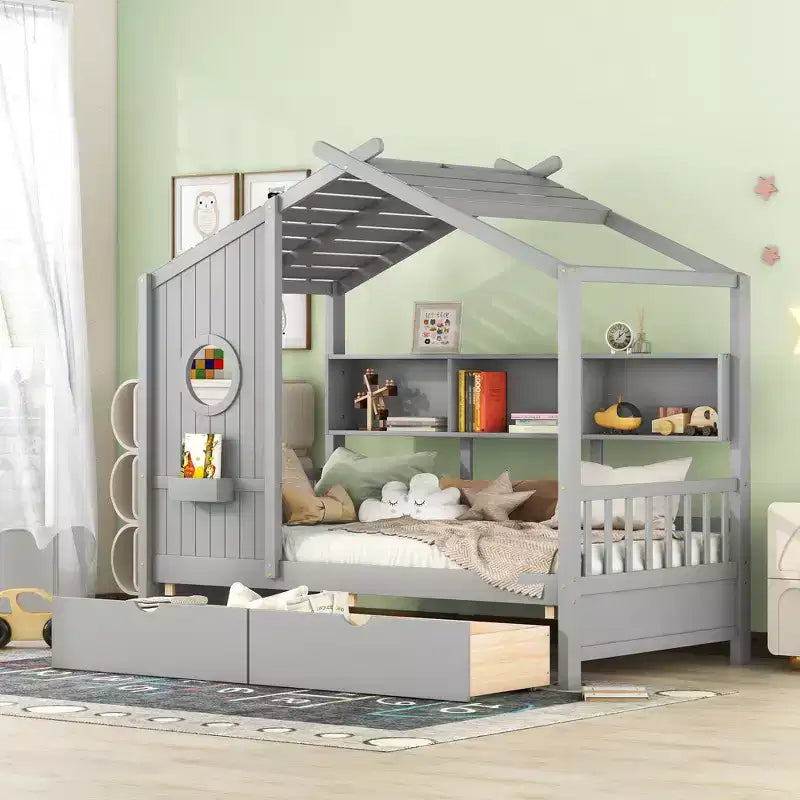Letto a casetta con cassetti contenitori, struttura letto a casetta per bambini con ripiani, grazioso letto singolo in legno a casetta con tetto per bambini, bambine e bambini, grigio