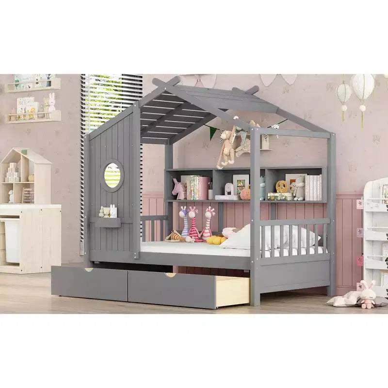 Letto a casetta con cassetti contenitori, struttura letto a casetta per bambini con ripiani, grazioso letto singolo in legno a casetta con tetto per bambini, bambine e bambini, grigio