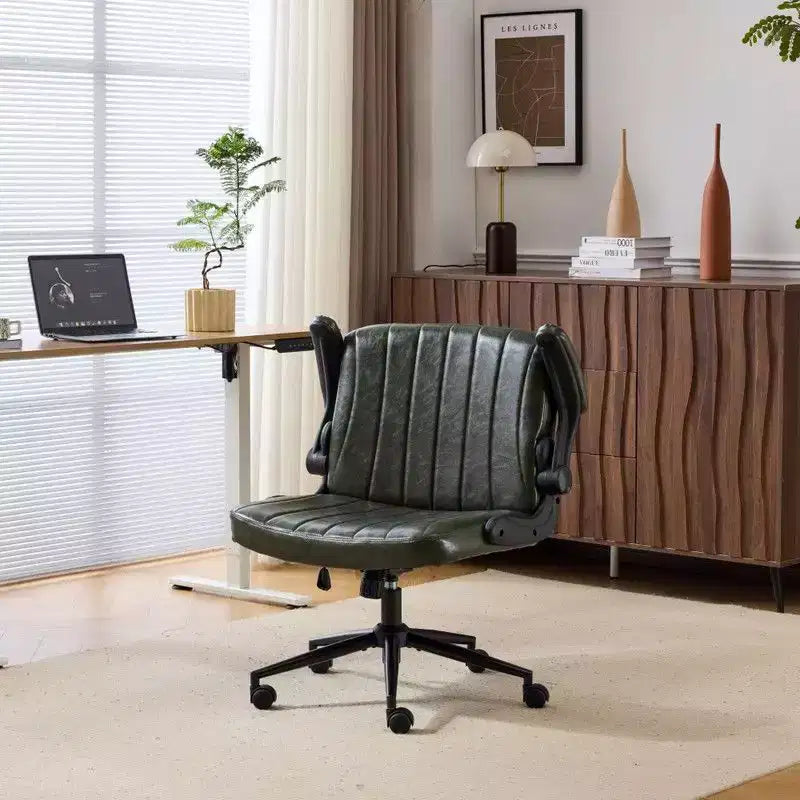 Oil-Waxed Leather Swivel Chair With Flip-Up Armrests