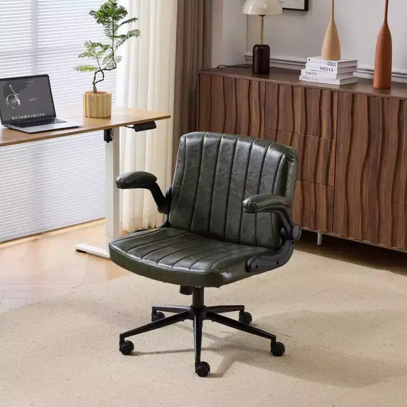 Oil-Waxed Leather Swivel Chair With Flip-Up Armrests