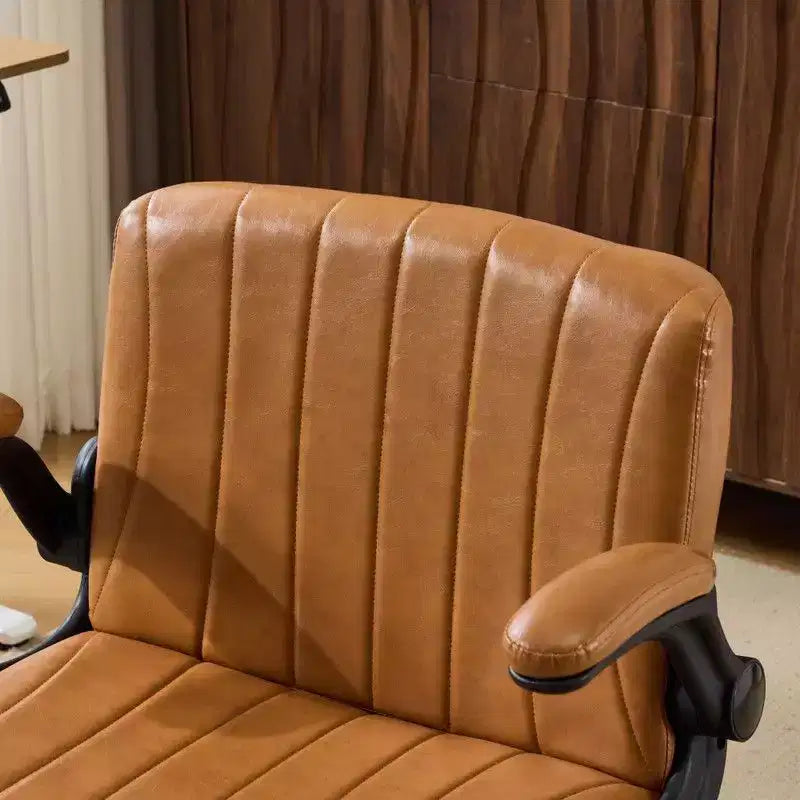 Oil-Waxed Leather Swivel Chair With Flip-Up Armrests
