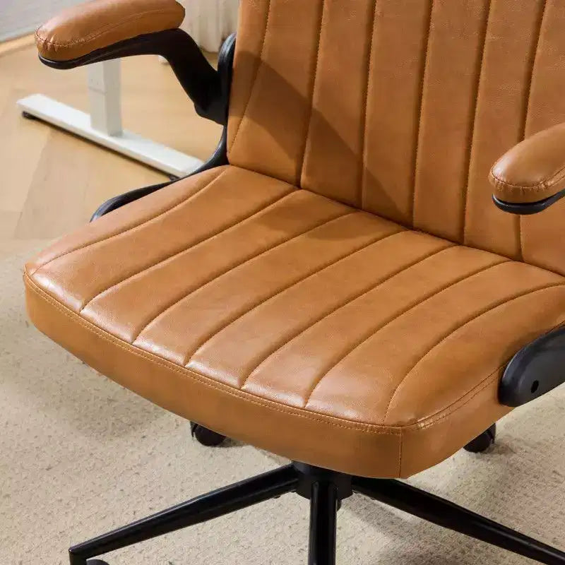Oil-Waxed Leather Swivel Chair With Flip-Up Armrests