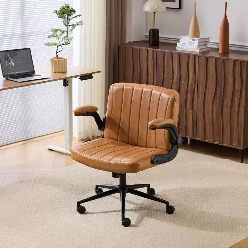 Oil-Waxed Leather Swivel Chair With Flip-Up Armrests