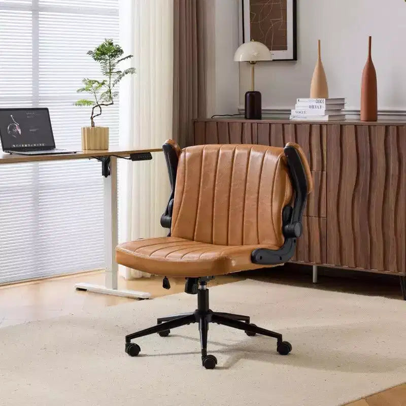 Oil-Waxed Leather Swivel Chair With Flip-Up Armrests
