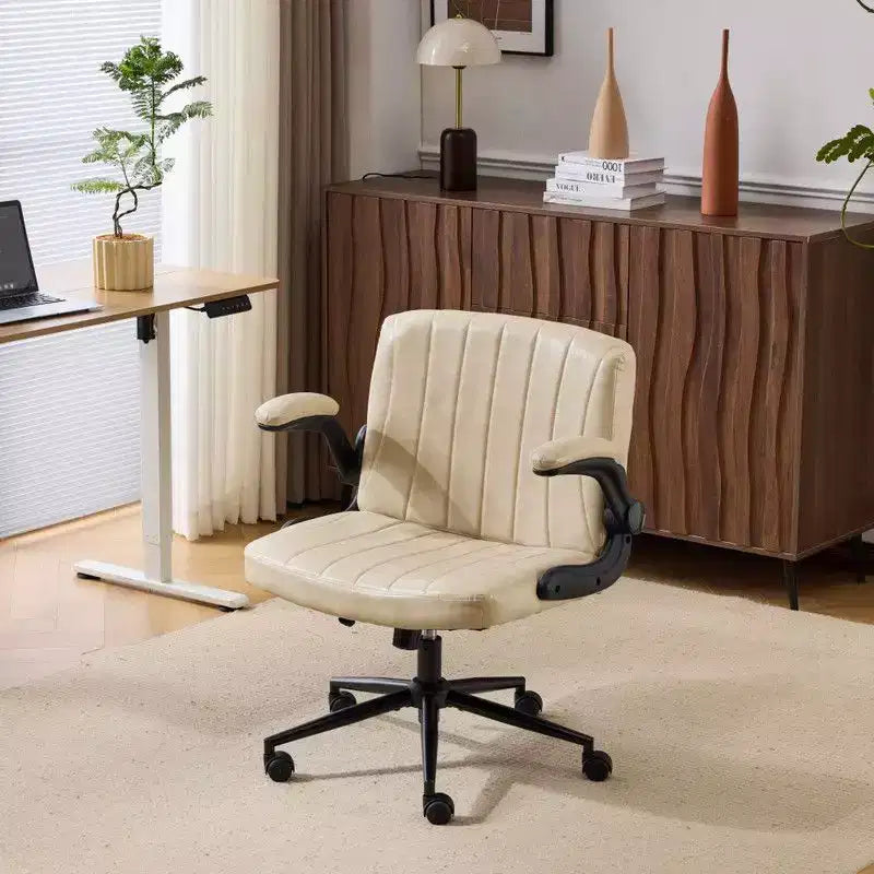 Oil-Waxed Leather Swivel Chair With Flip-Up Armrests