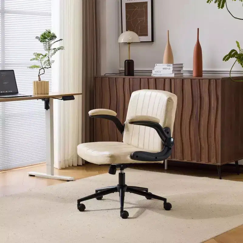 Oil-Waxed Leather Swivel Chair With Flip-Up Armrests