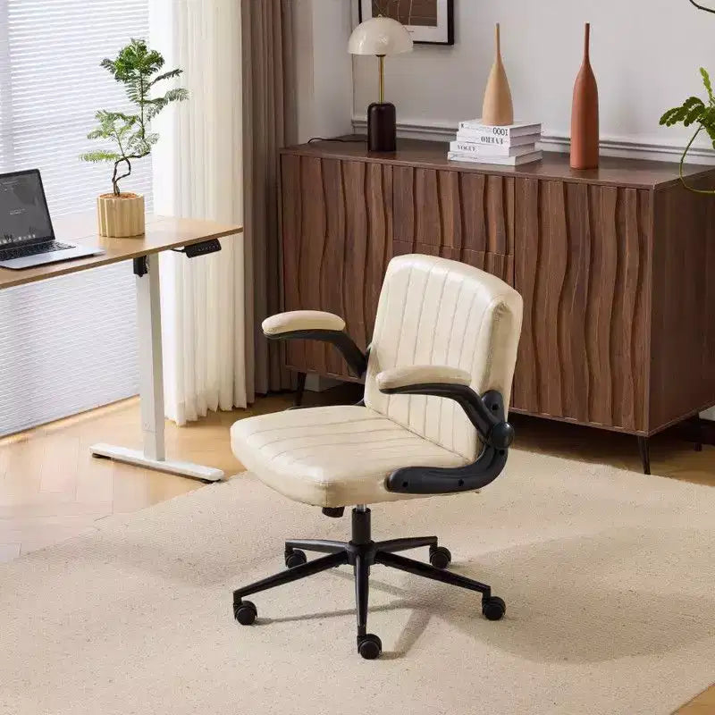 Oil-Waxed Leather Swivel Chair With Flip-Up Armrests