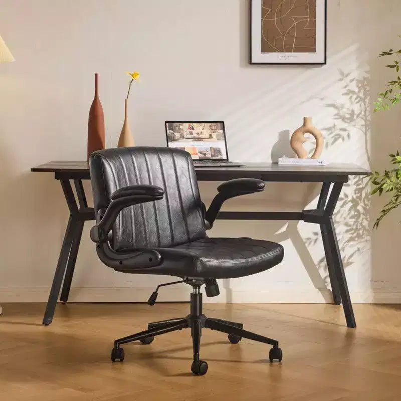 Oil-Waxed Leather Swivel Chair With Flip-Up Armrests