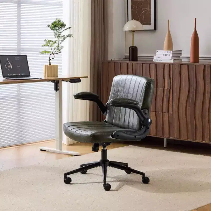 Oil-Waxed Leather Swivel Chair With Flip-Up Armrests