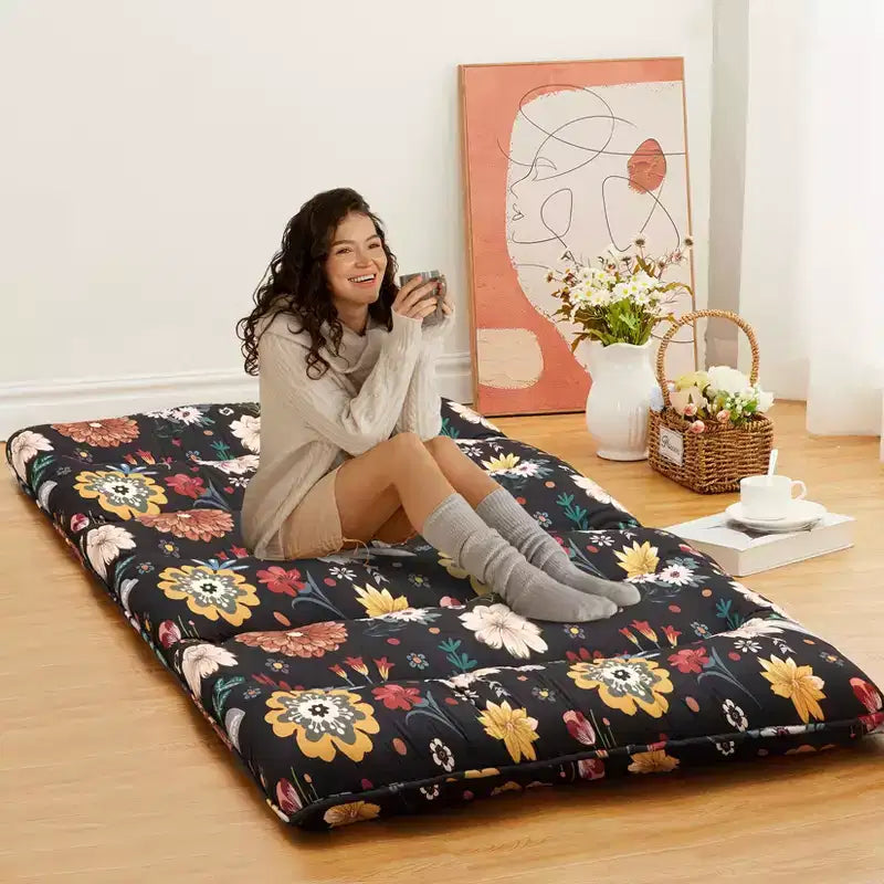 Twin Size Japanese Futon Floor Mattress, 3 Inch Thick Tatami Mat, Foldable Sleeping Mat,Farmhouse Floor Lounger for Dorm, Guest Room, Camping
