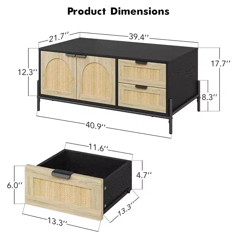Tavolino da caffè moderno da 40.9'' con contenitore - tavolino da soggiorno d'accento in rattan con 2 cassetti/ante (stile rustico/gambe in metallo)