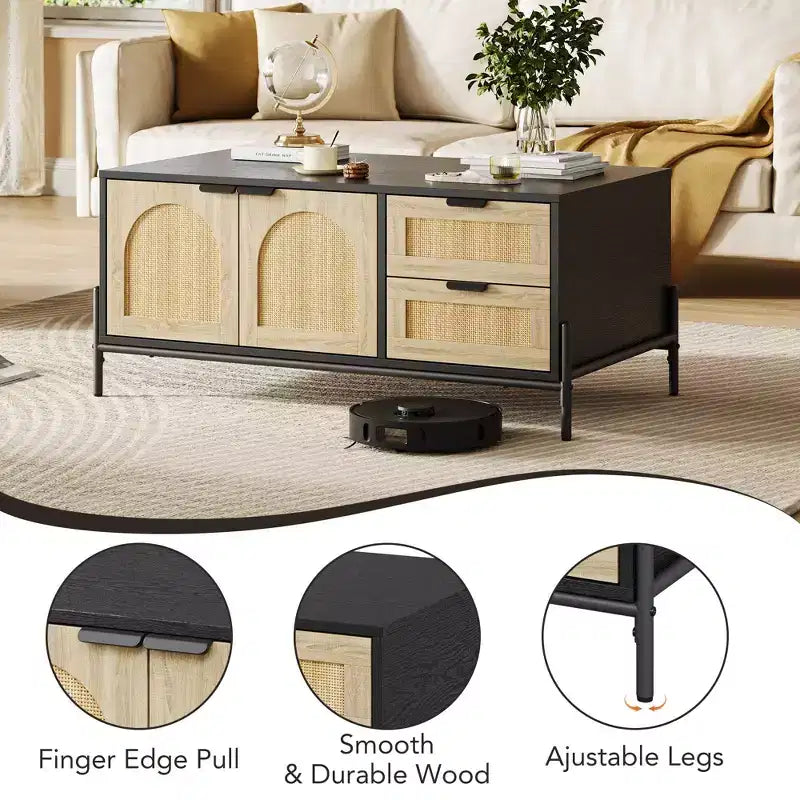 Tavolino da caffè moderno da 40.9'' con contenitore - tavolino da soggiorno d'accento in rattan con 2 cassetti/ante (stile rustico/gambe in metallo)