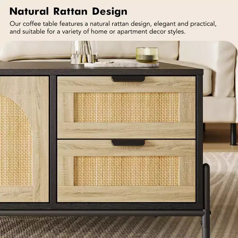 Tavolino da caffè moderno da 40.9'' con contenitore - tavolino da soggiorno d'accento in rattan con 2 cassetti/ante (stile rustico/gambe in metallo)
