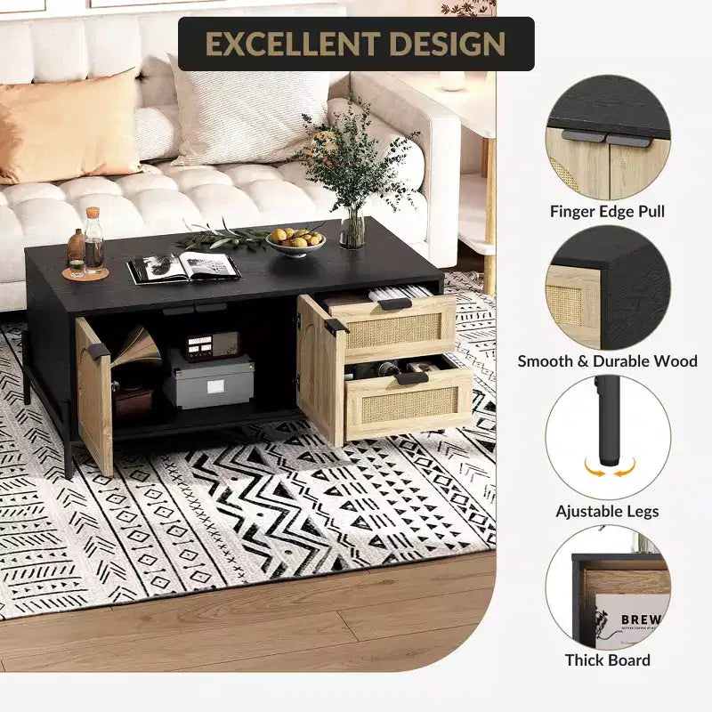 Tavolino da caffè moderno da 40.9'' con contenitore - tavolino da soggiorno d'accento in rattan con 2 cassetti/ante (stile rustico/gambe in metallo)