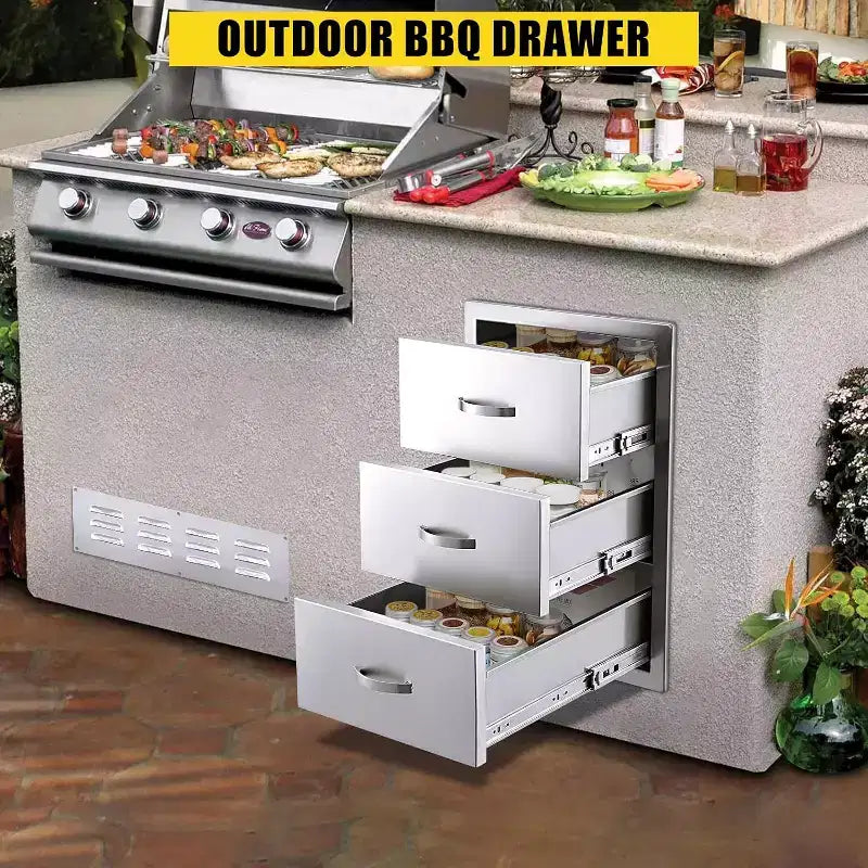 Stainless Steel Outdoor Kitchen Drawers, Commercial-Grade Flush Mount Storage System for BBQ Islands & Outdoor Kitchens